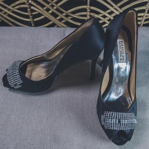 Badgley Mischka Peep Toe Satin Rhinestone Stiletto Heels